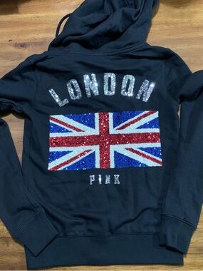 PINK Sequin London Union Jack Hoodie - Black XS NWT